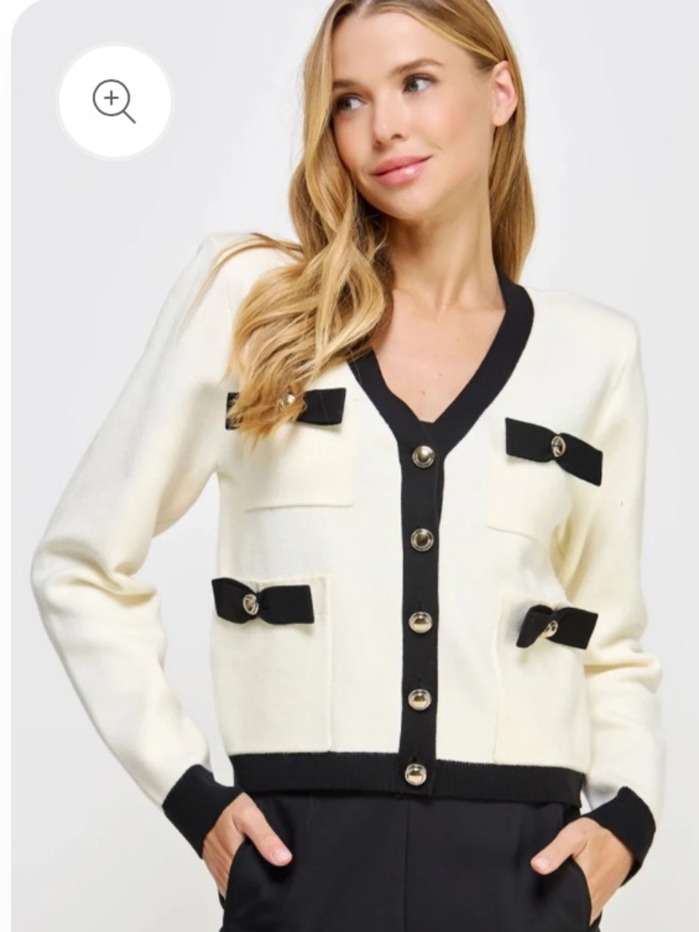 Strut & Bolt Ivory And Black Bow Button-Up Cardigan Size M NWT